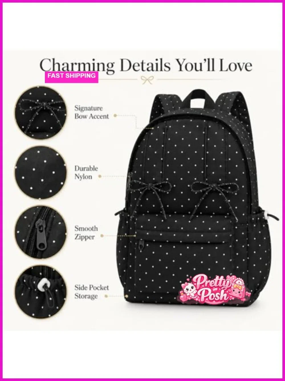 Polka Dot Nylon Backpack with Bow for Women College Daypack